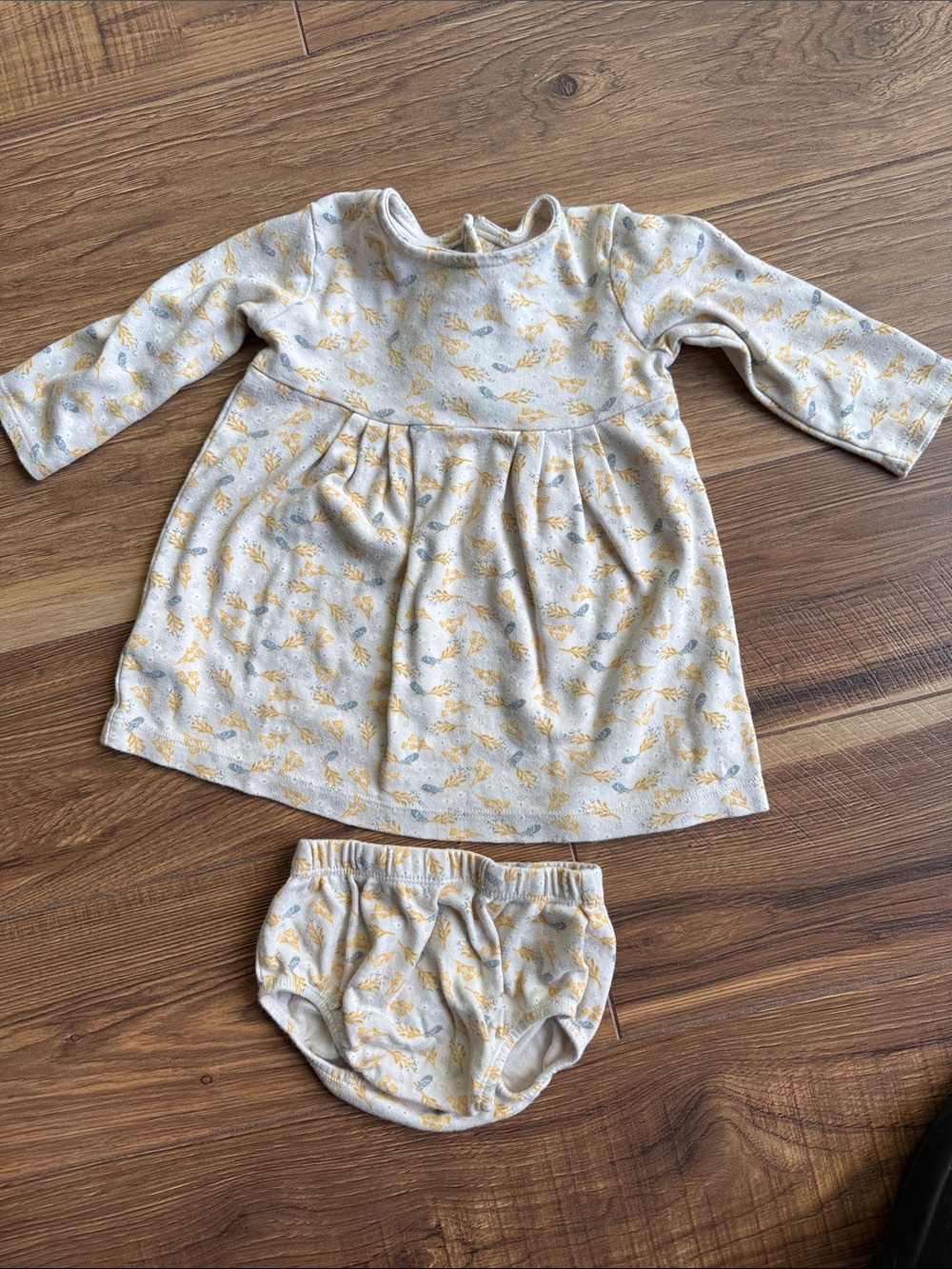 Magnetic Me Cream Dress and Bloomers with Yellow Leaf and Bird Print